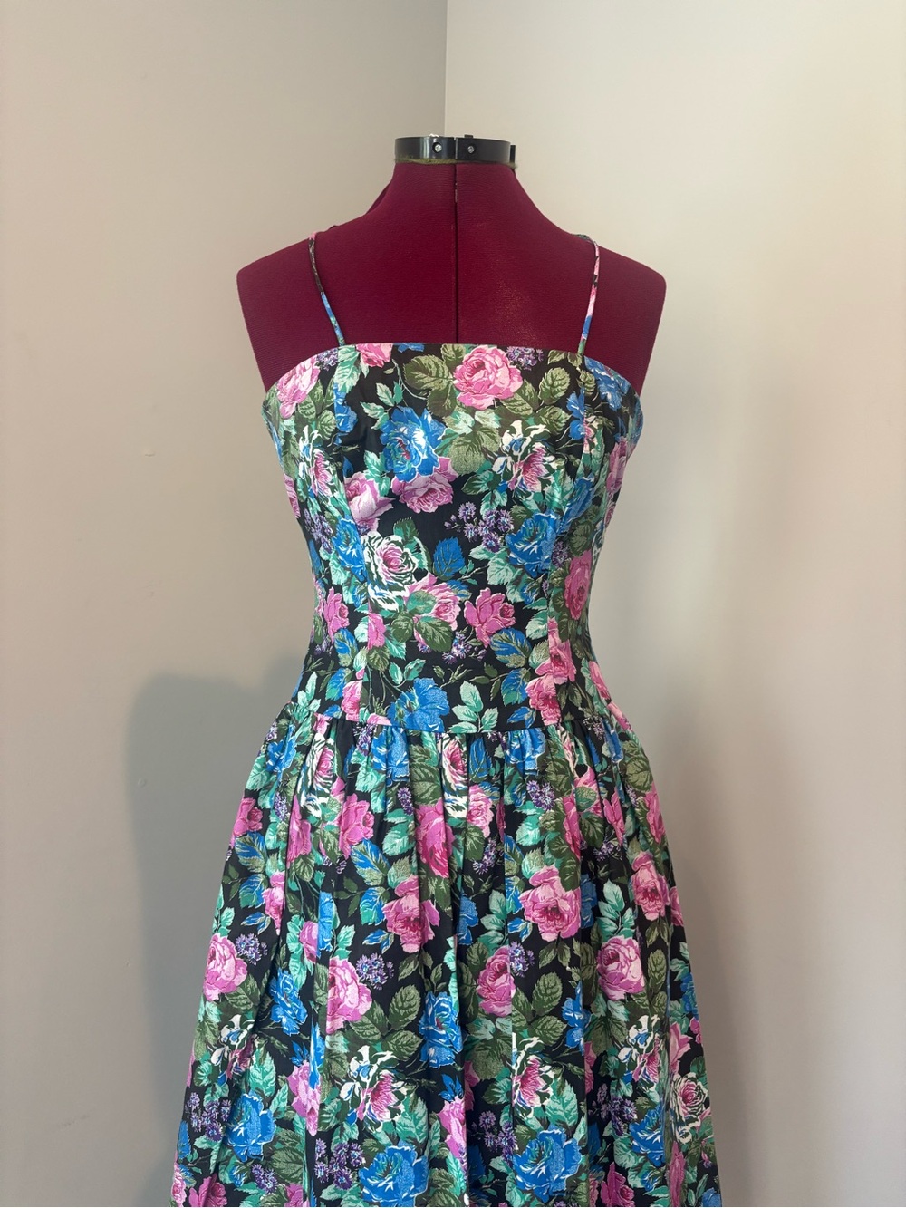 Floral Spaghetti-Strap Fit & Flare Dress - Pink & Blue Roses on Black